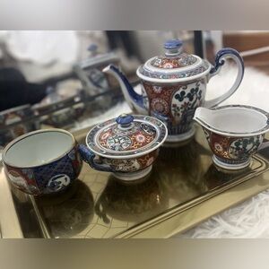 Japanese Imari Porcelain Set, Bowl, Tea Coffee, Sugar Pot, 4 pcs